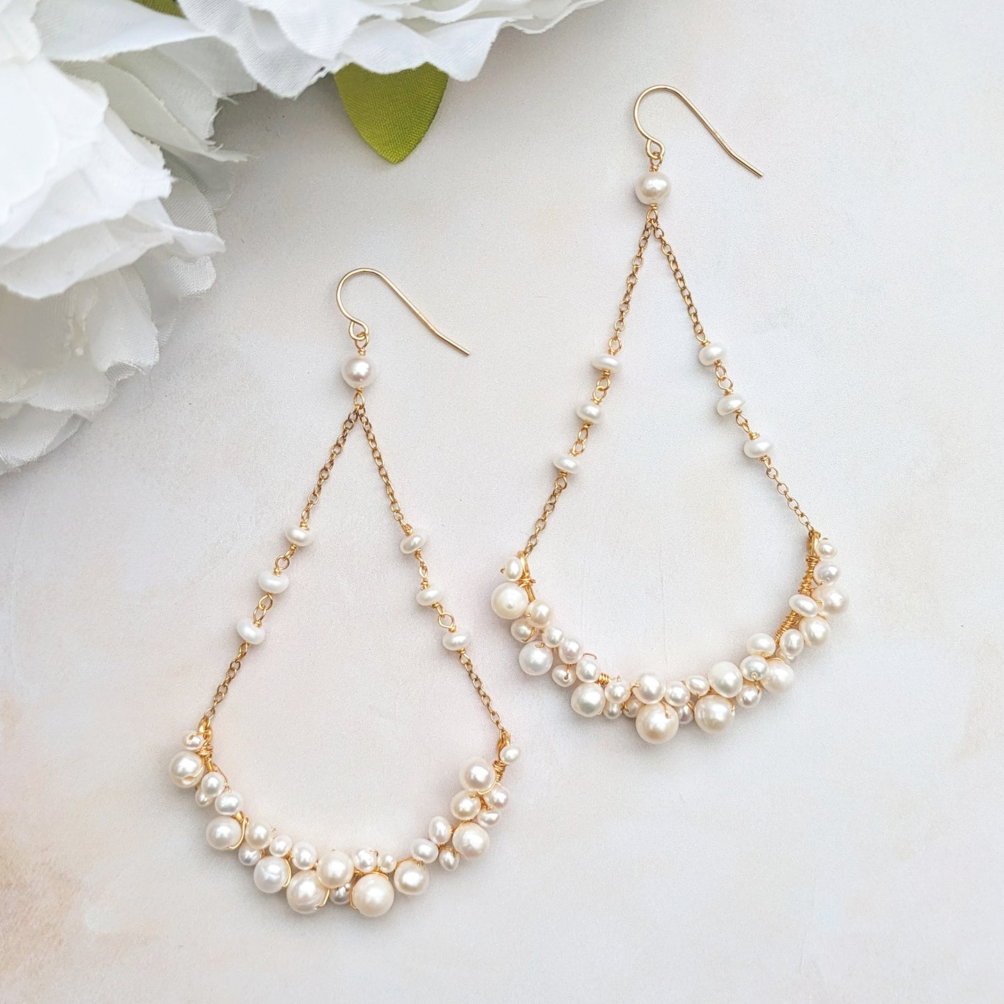 Statement pearl chandelier earrings for weddings designed & handmade by Susie Warner.