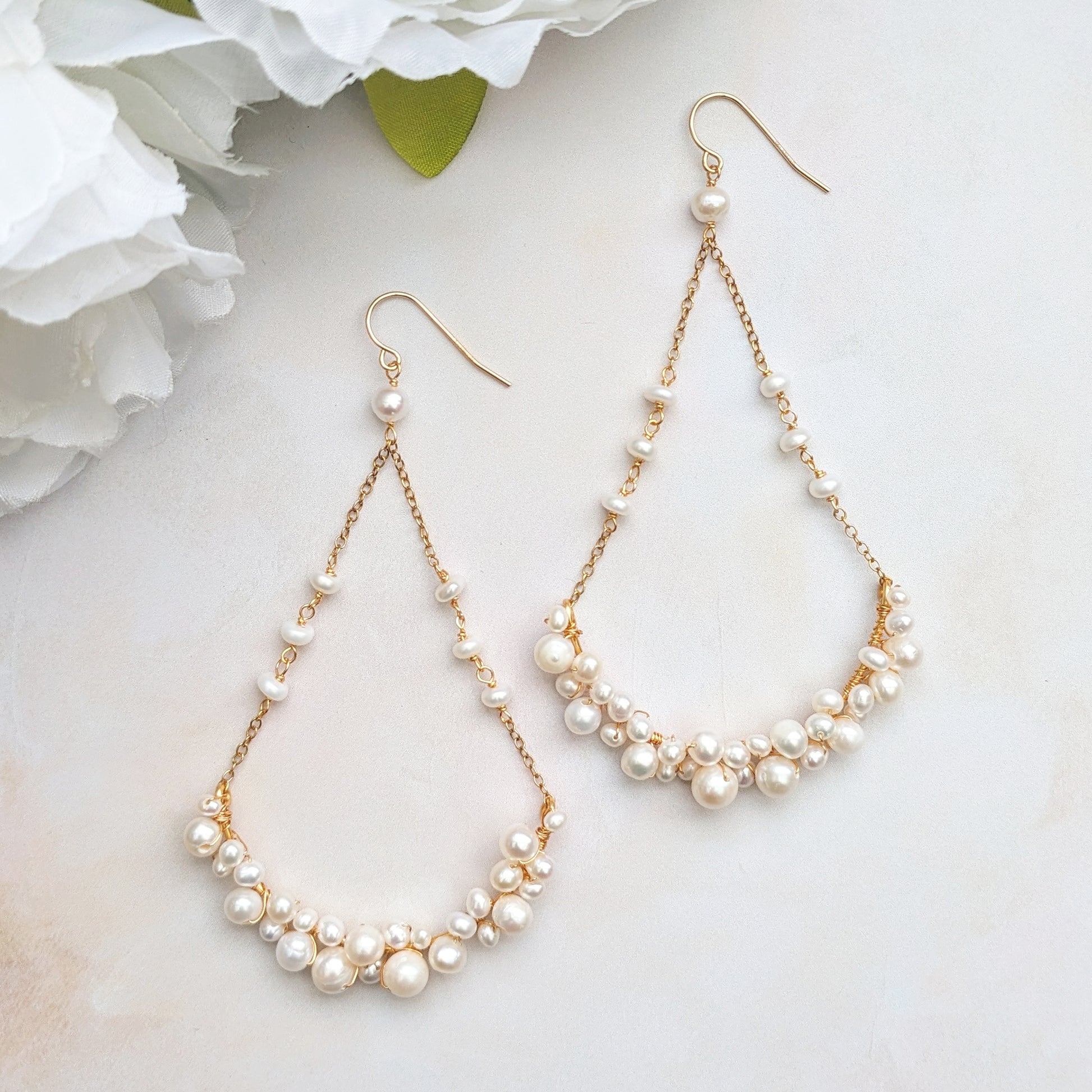 Statement pearl chandelier earrings for weddings designed & handmade by Susie Warner.