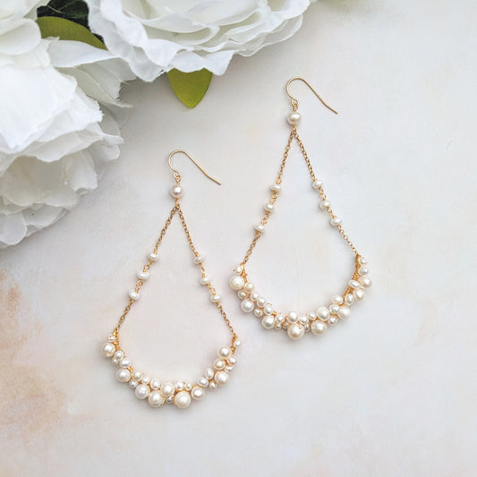 Statement 9ct gold pearl chandelier earrings for brides designed & handmade by Susie Warner Jewellery.