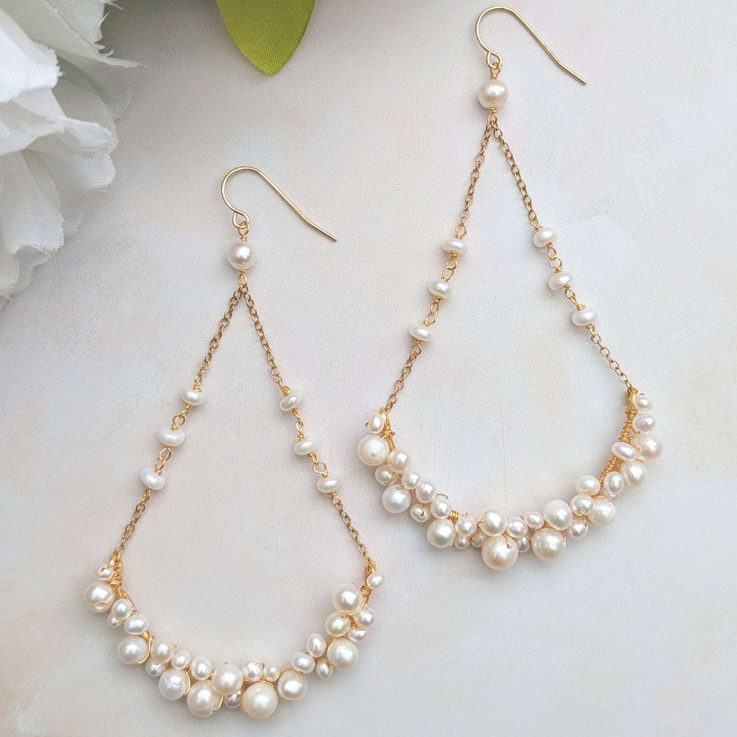 Statement pearl chandelier wedding earrings for brides designed & handmade by Susie Warner Jewellery.