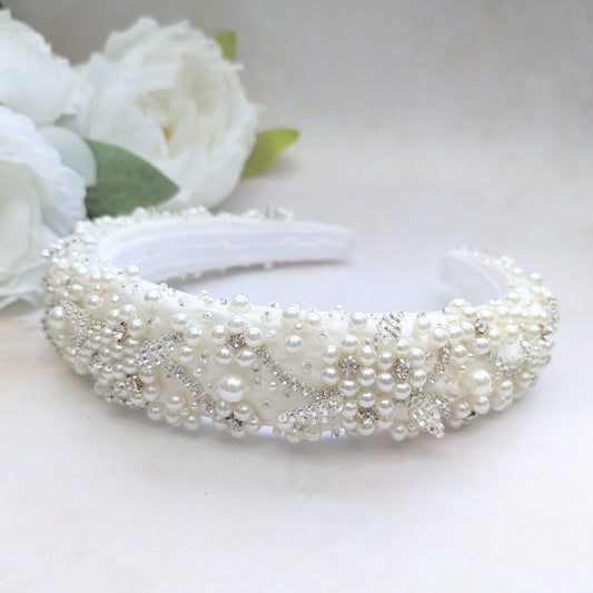 Statement pearl floral headband for weddings designed & handmade by Susie Warner.