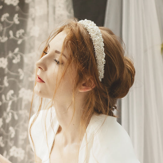 Statement pearl padded headband for weddings designed & handmade by Susie Warner.