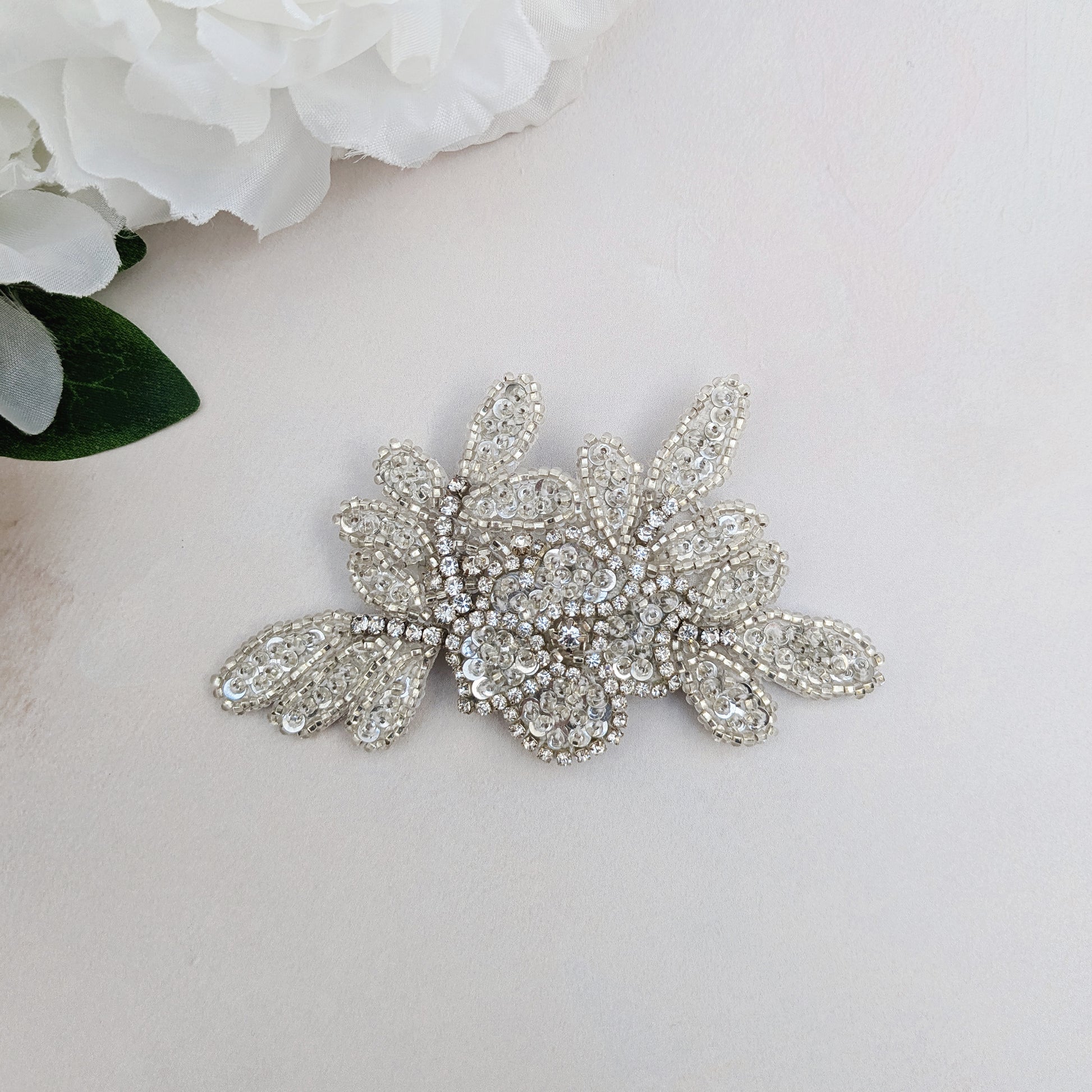 Nature inspired beaded floral hair clip for brides designed & handmade by Susie Warner
