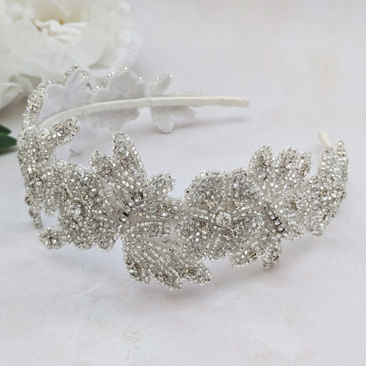 Statement nature inspired beaded floral headband for brides designed & handmade by Susie Warner.