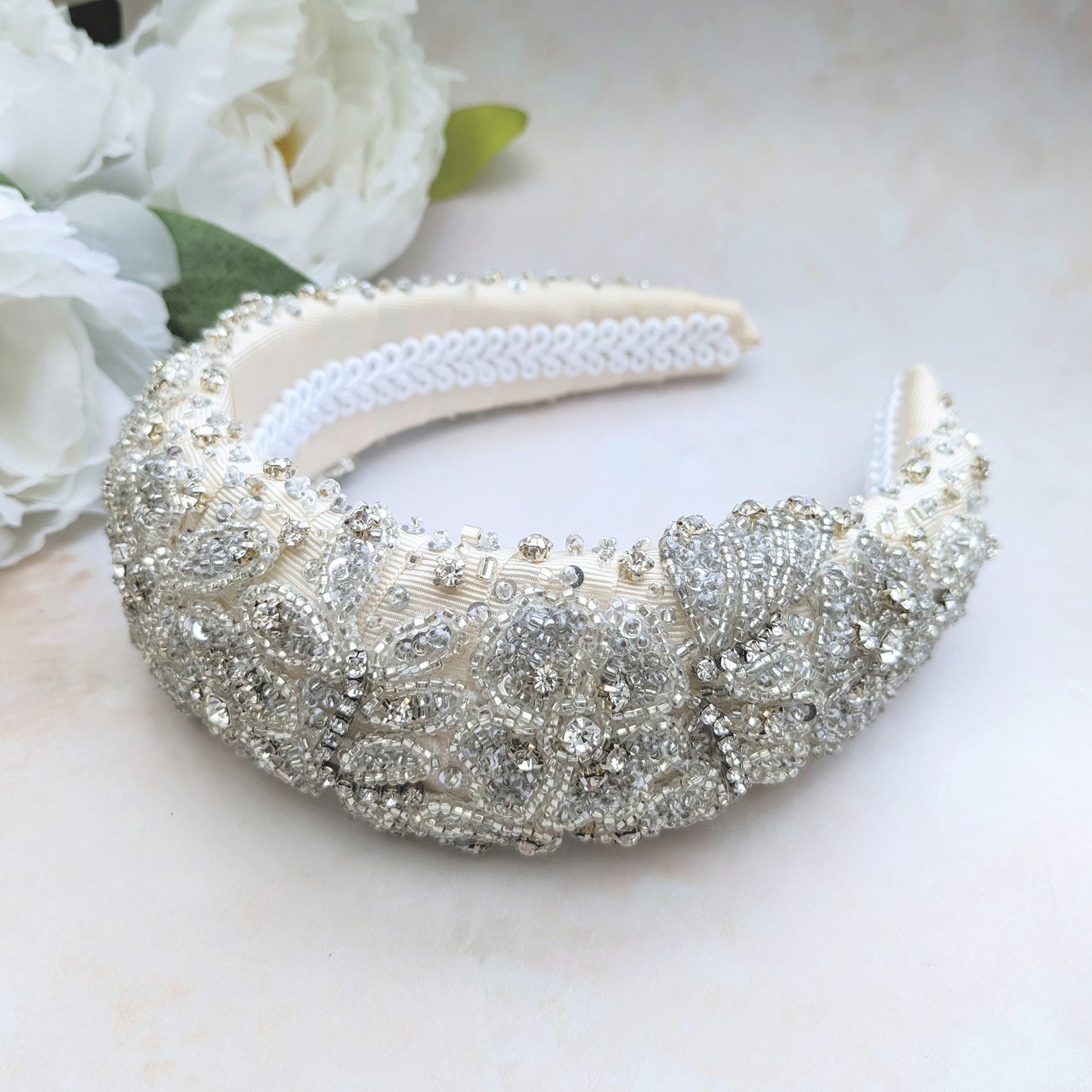 Statement floral crystal headband for brides designed & handmade by Susie Warner.