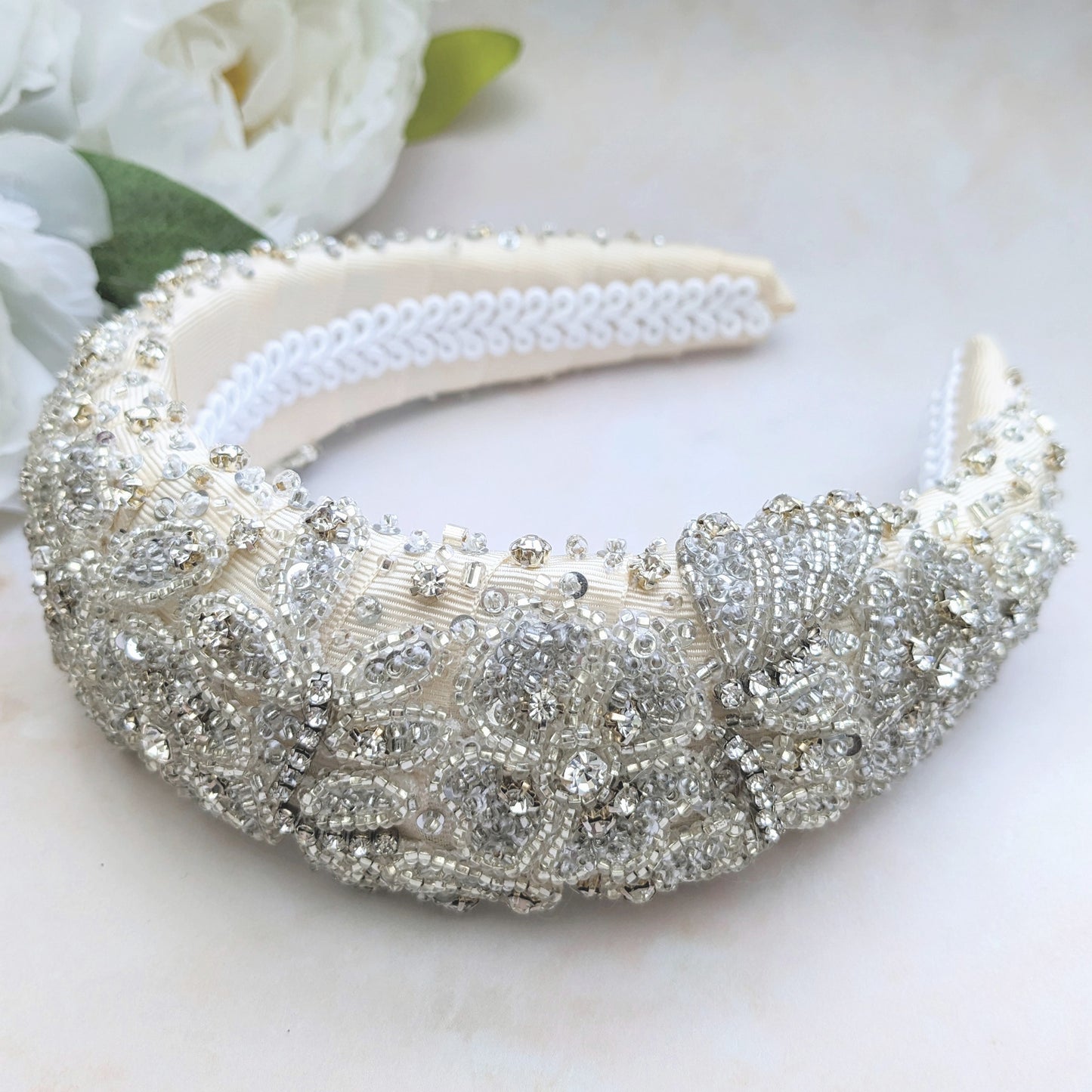 Statement modern bridal padded headband designed & handmade by Susie Warner.
