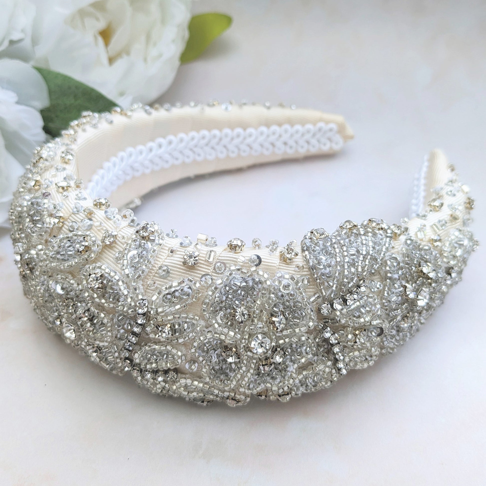 Statement modern bridal padded headband designed & handmade by Susie Warner.