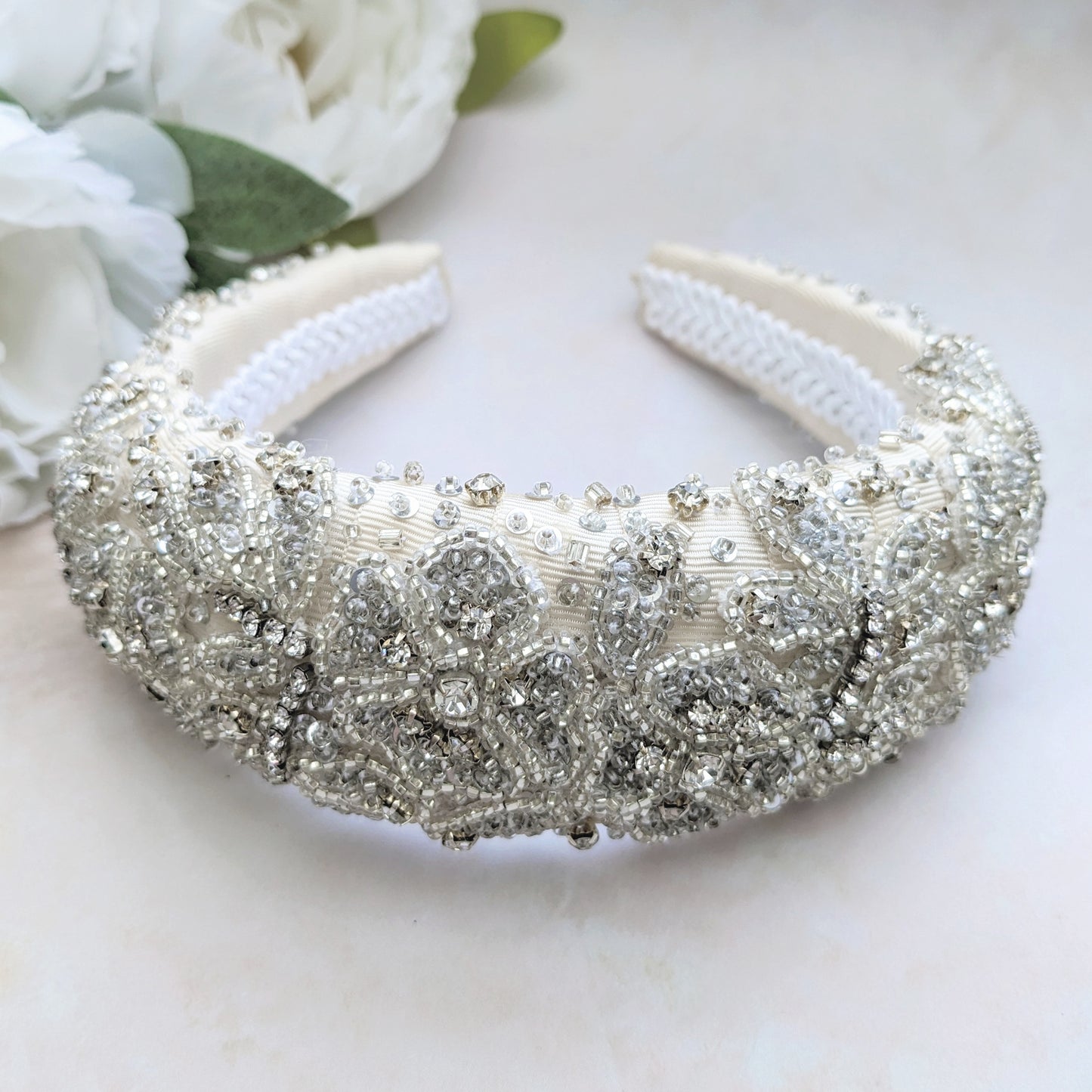 Statement hand embroidered floral crystal headband for weddings designed & handmade by Susie Warner.