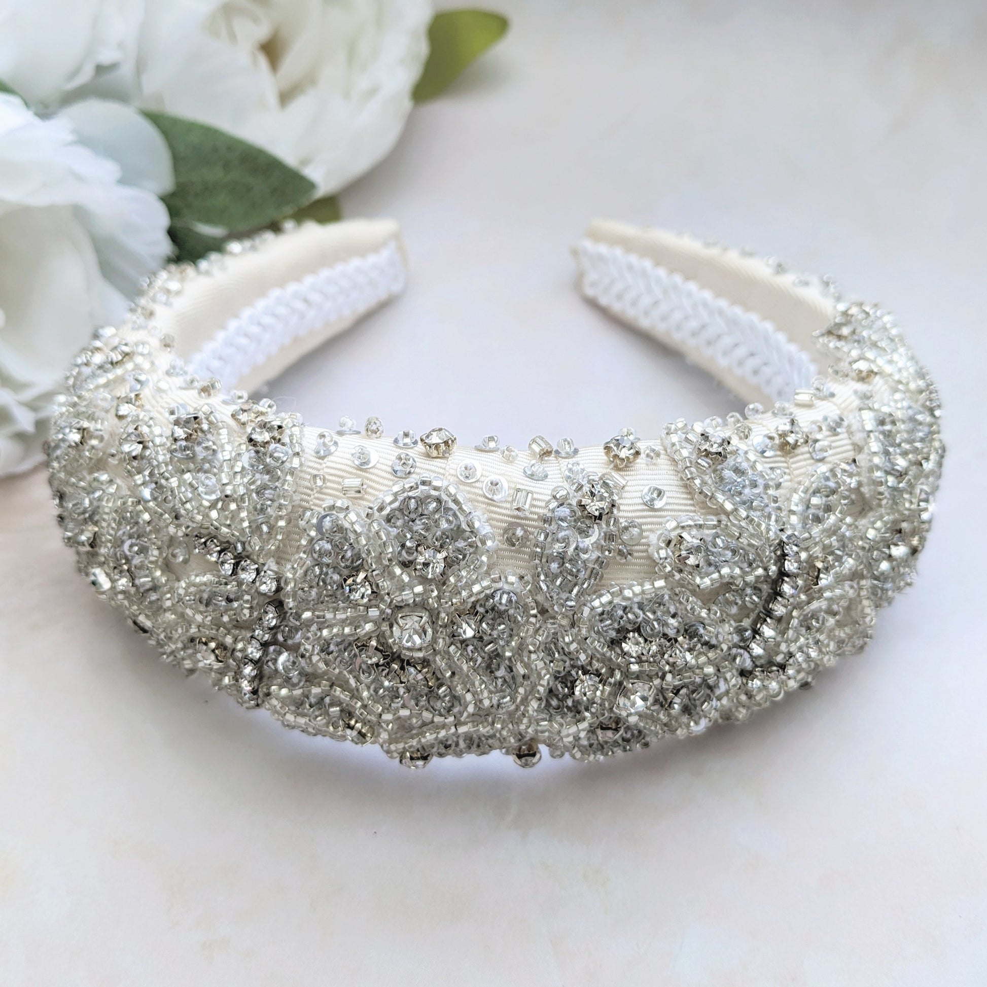 Statement hand embroidered floral crystal headband for weddings designed & handmade by Susie Warner.