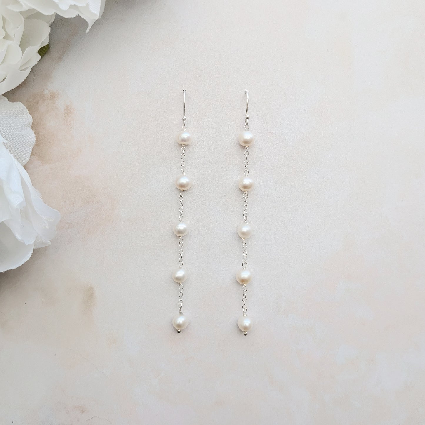 Freshwater pearl chain drop earrings for brides designed & handmade by Susie Warner.