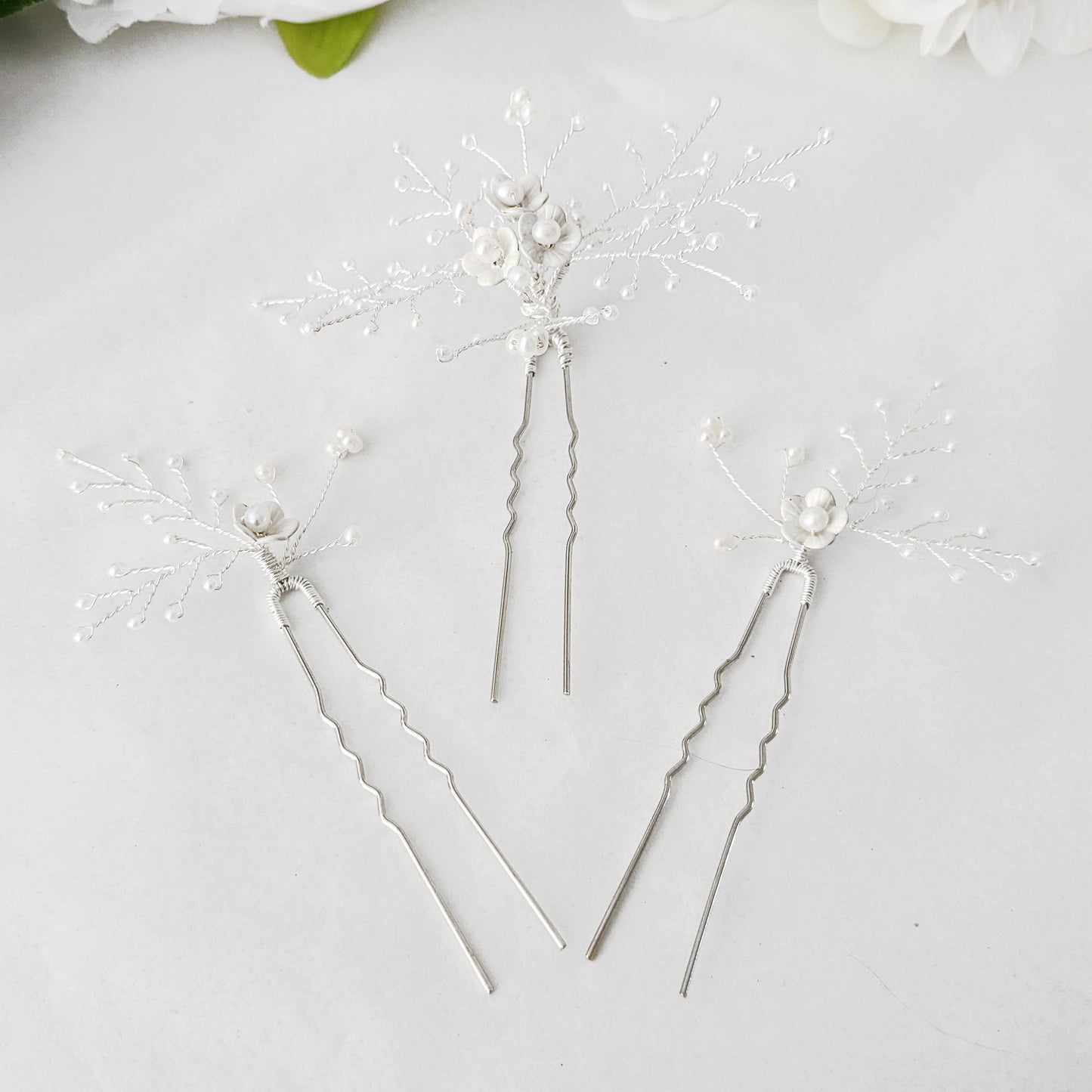 Ophelia White Flower Blossom Hair Pins