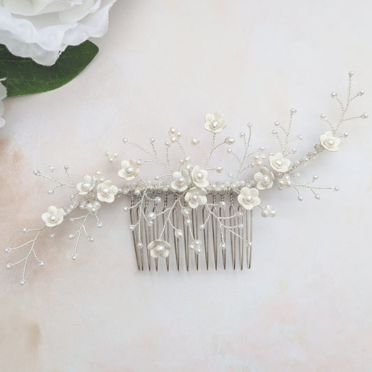 Statement modern floral bridal headpiece for weddings designed & handmade by Susie Warner.