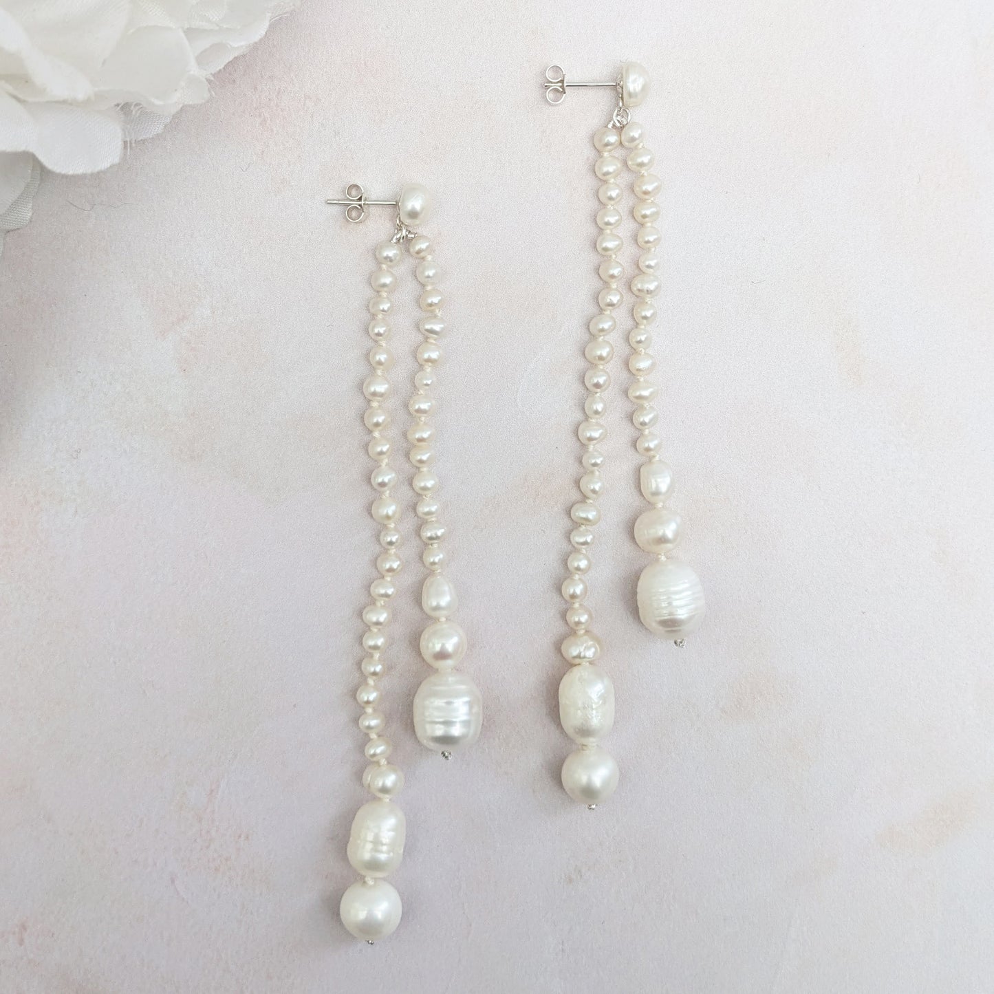 Statement pearl stud tassel drop earrings for brides designed & handmade by Susie Warner.