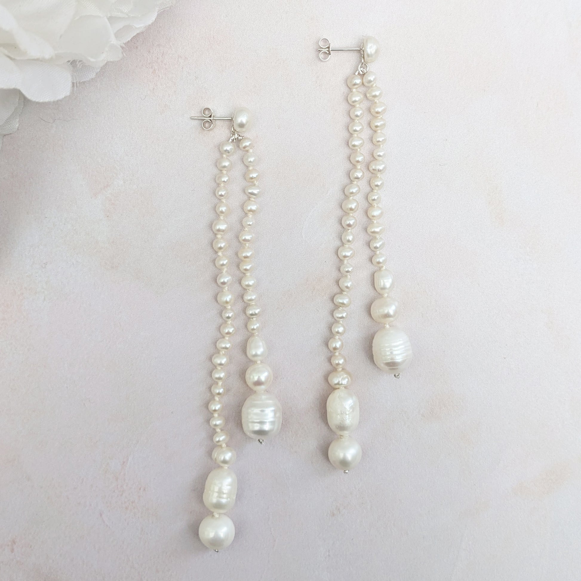 Statement pearl stud tassel drop earrings for brides designed & handmade by Susie Warner.