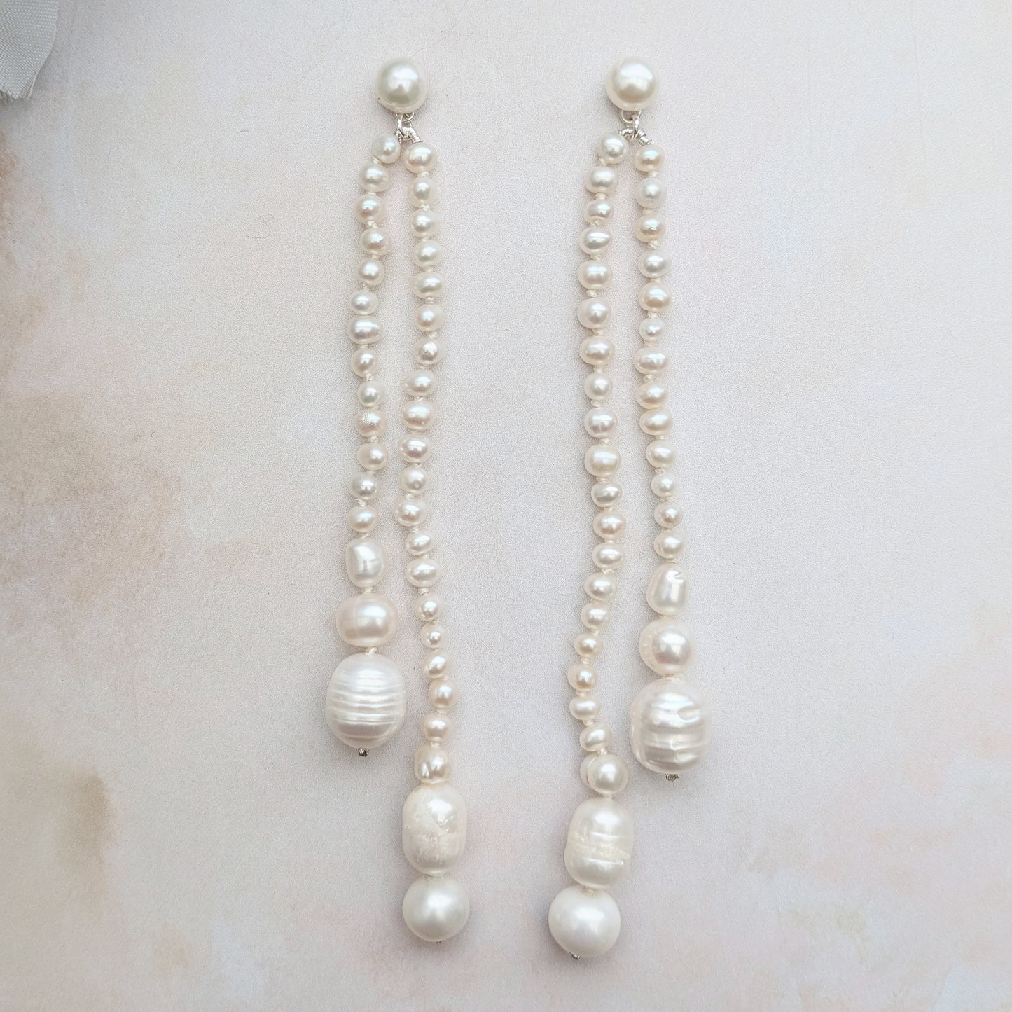 Statement pearl tassel dangle drop earrings for brides designed & handmade by Susie Warner.