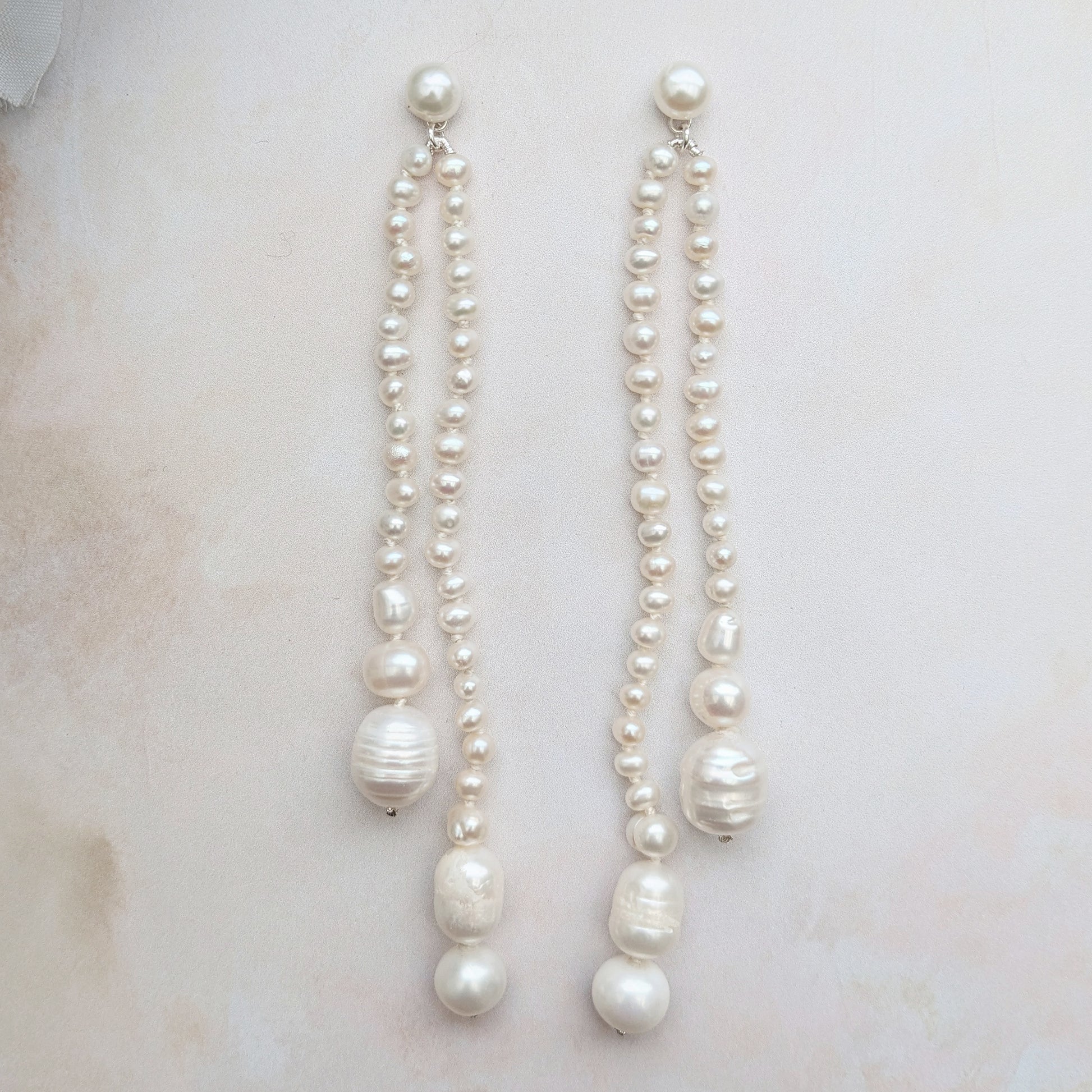 Statement pearl tassel dangle drop earrings for brides designed & handmade by Susie Warner.
