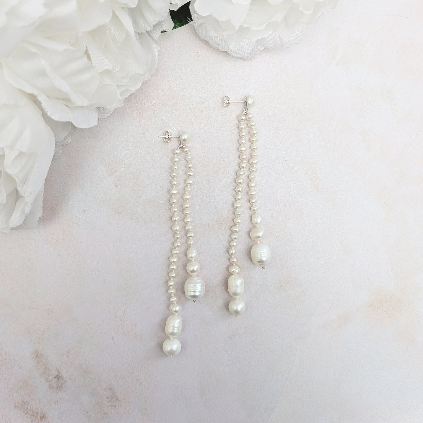 Statement pearl tassel stud earrings for brides designed & handmade by Susie Warner.