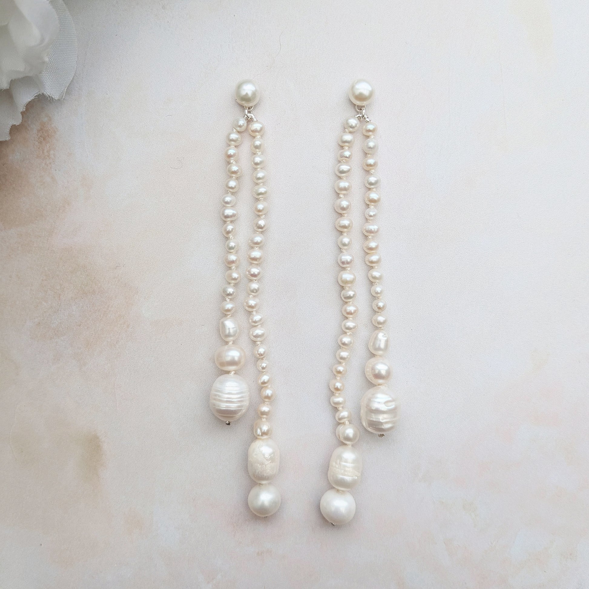 Statement pearl tassel drop earrings for brides designed & handmade by Susie Warner.