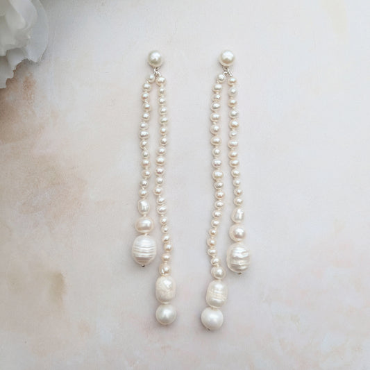 Statement pearl tassel drop earrings for brides designed & handmade by Susie Warner.