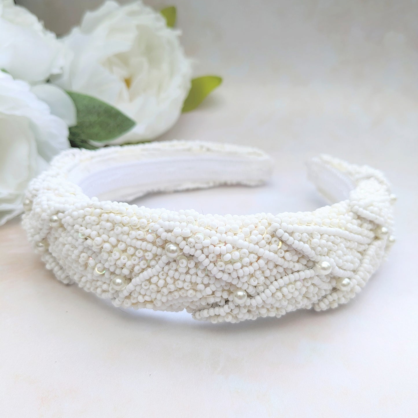 Statement nature inspired pearl leaf headband for weddings designed & handmade by Susie Warner.