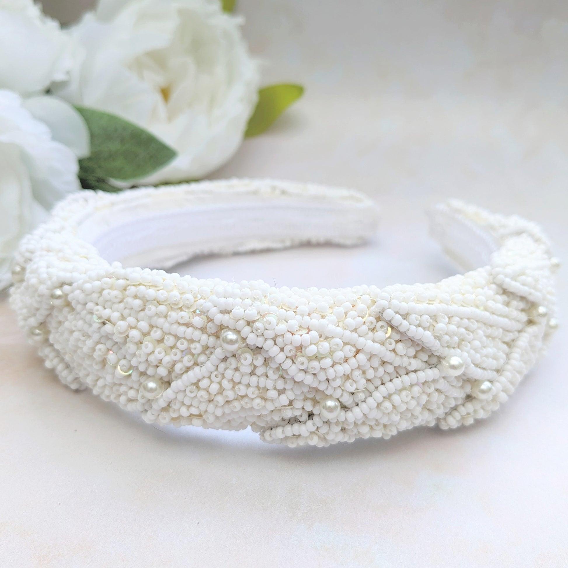 Statement nature inspired pearl leaf bridal headband for botanical brides  designed & handmade by Susie Warner.