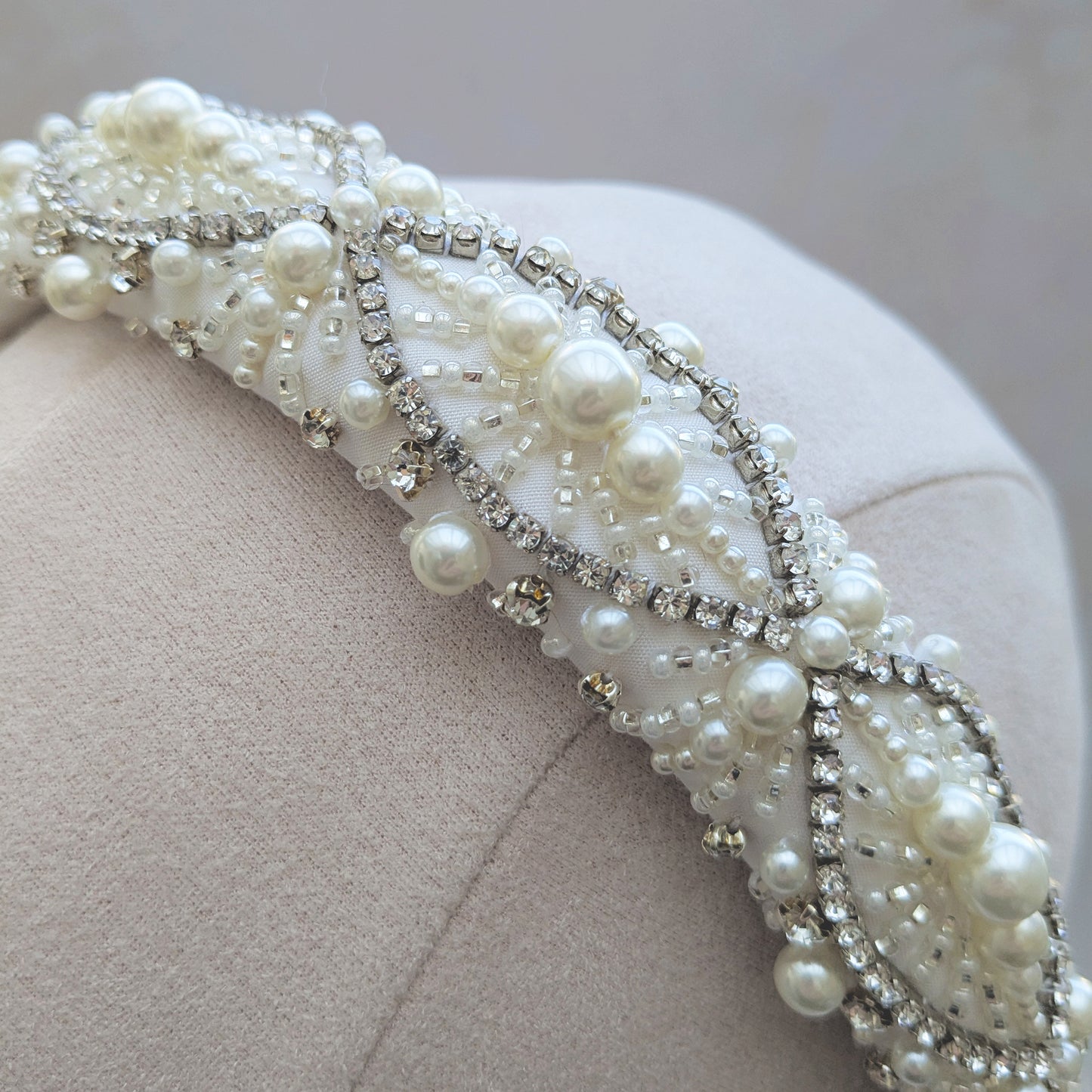 Statement beaded 1920s Art Deco inspired headband for brides designed & handmade by Susie Warner.