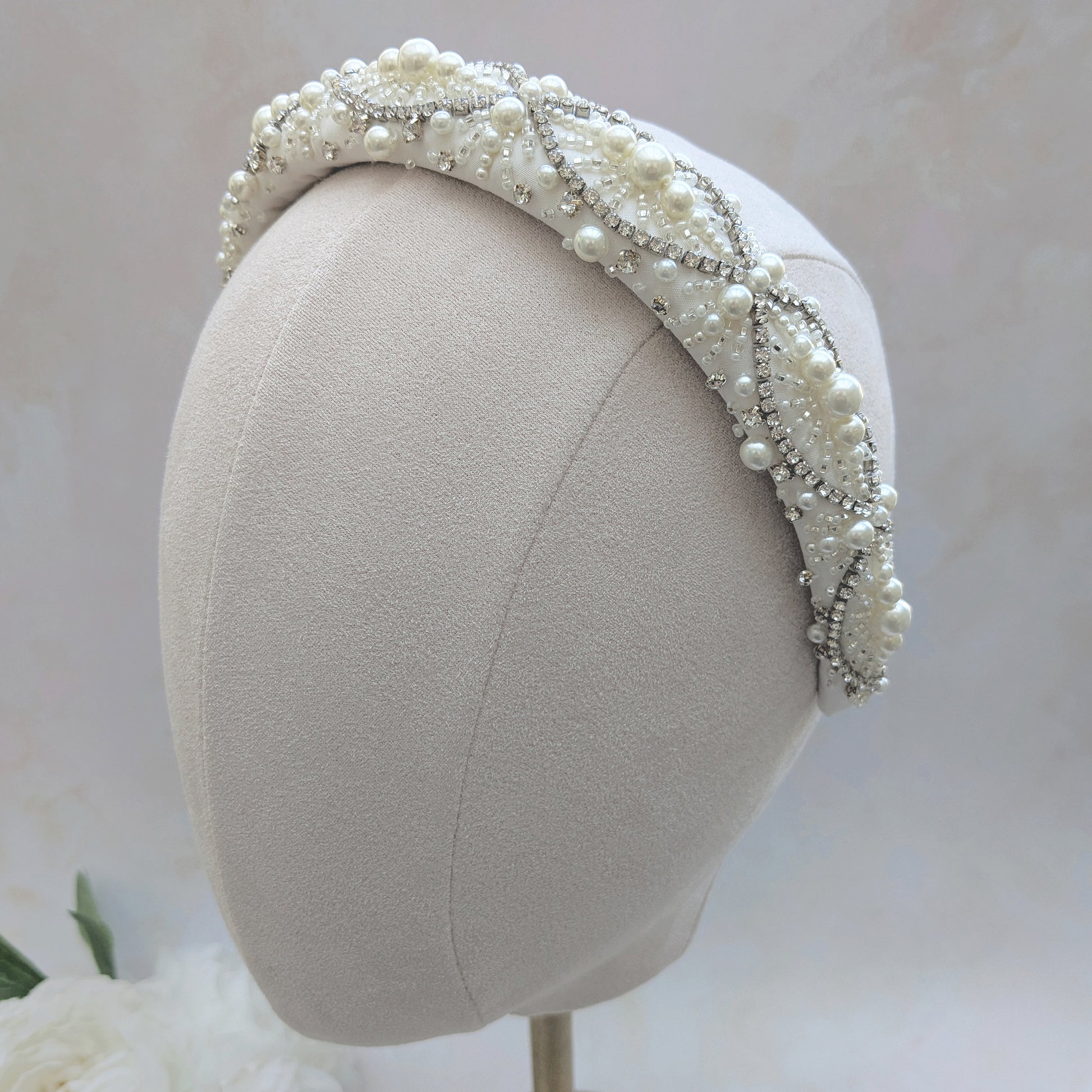 Statement pearl beaded 1920s Art Deco inspired headband for brides designed & handmade by Susie Warner.