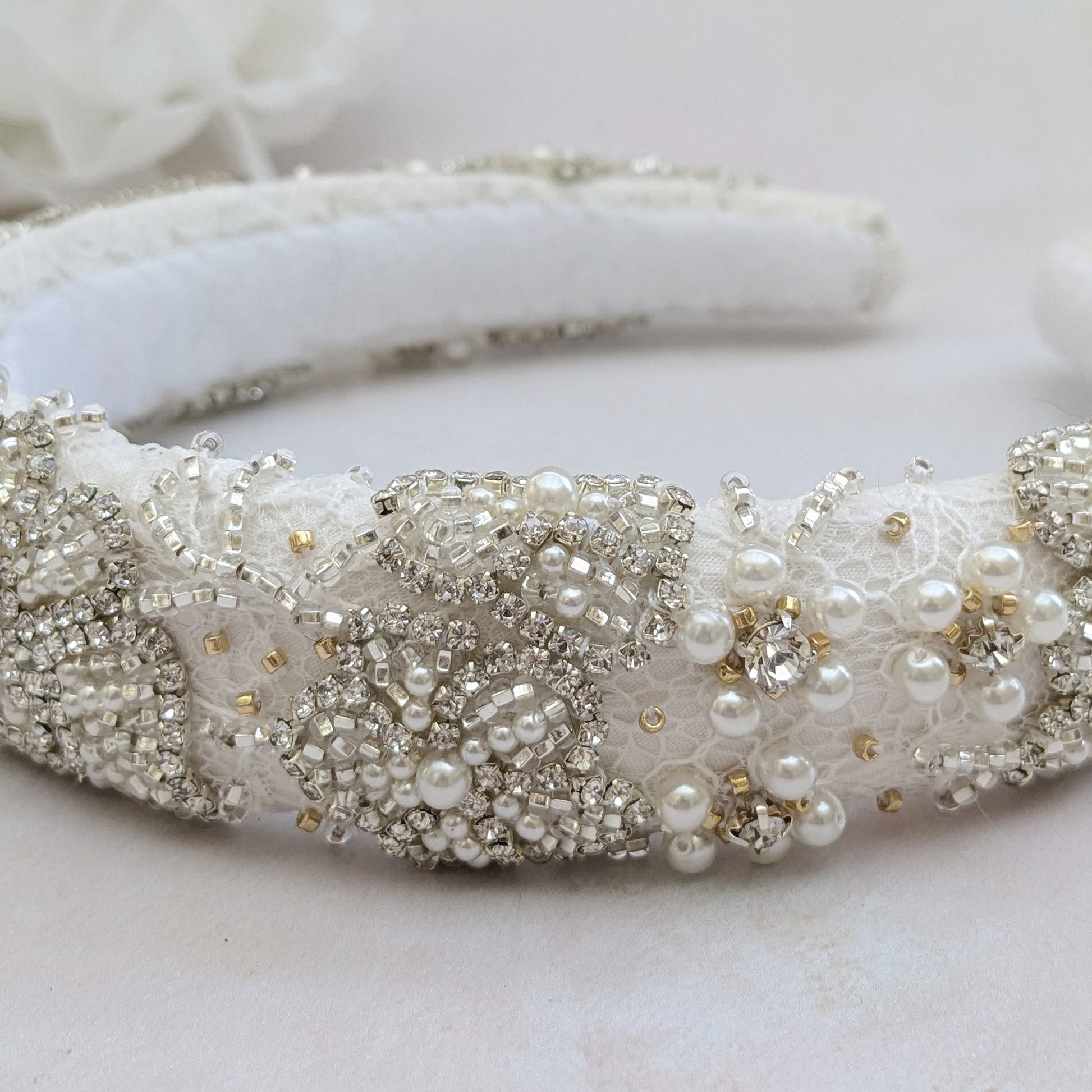 Statement pearl beaded floral padded headband for brides designed & handmade by Susie Warner.