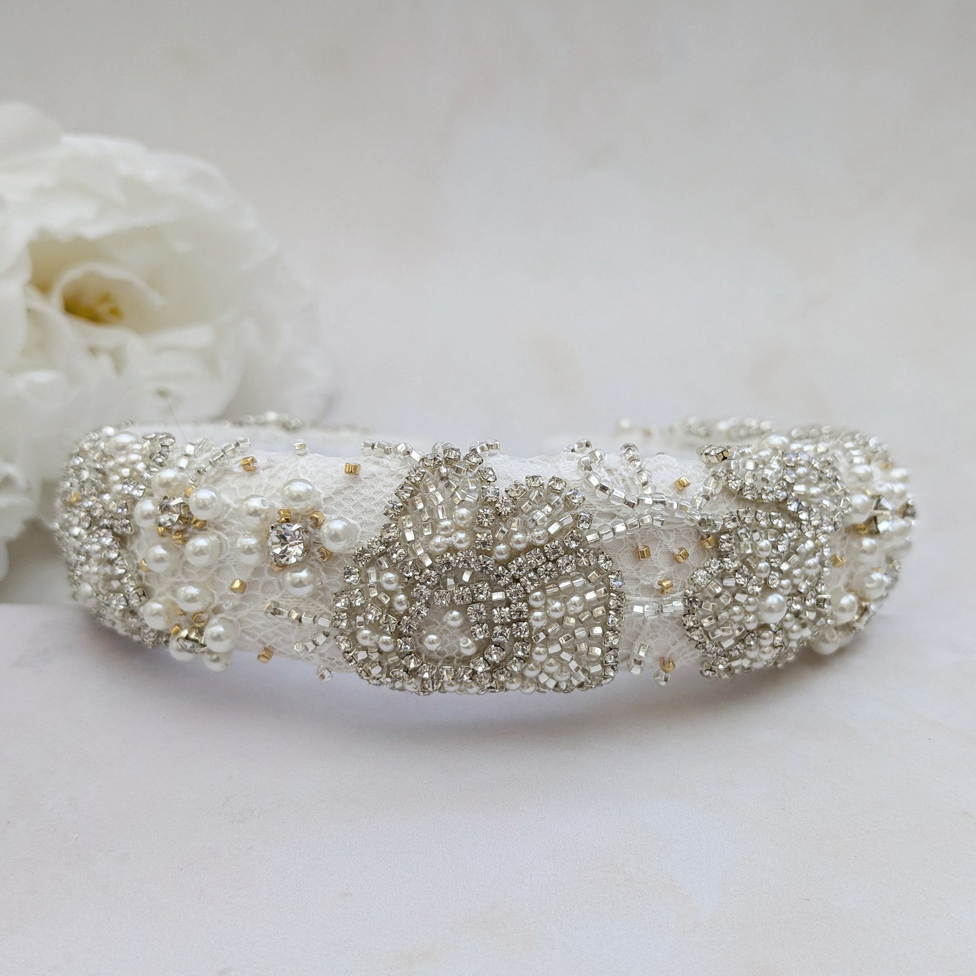 Statement pearl beaded nature inspired floral headband for brides designed & handmade by Susie Warner.