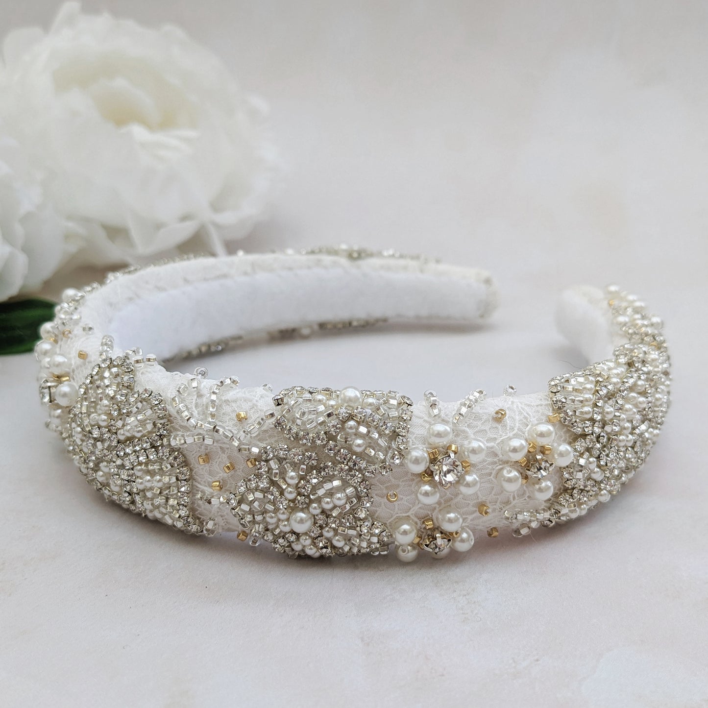 Statement beaded nature inspired floral headband for brides designed & handmade by Susie Warner.