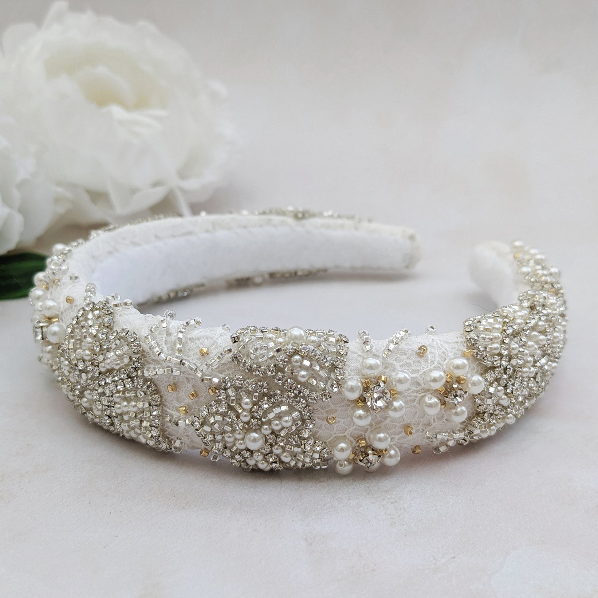 Statement beaded nature inspired floral headband for brides designed & handmade by Susie Warner.