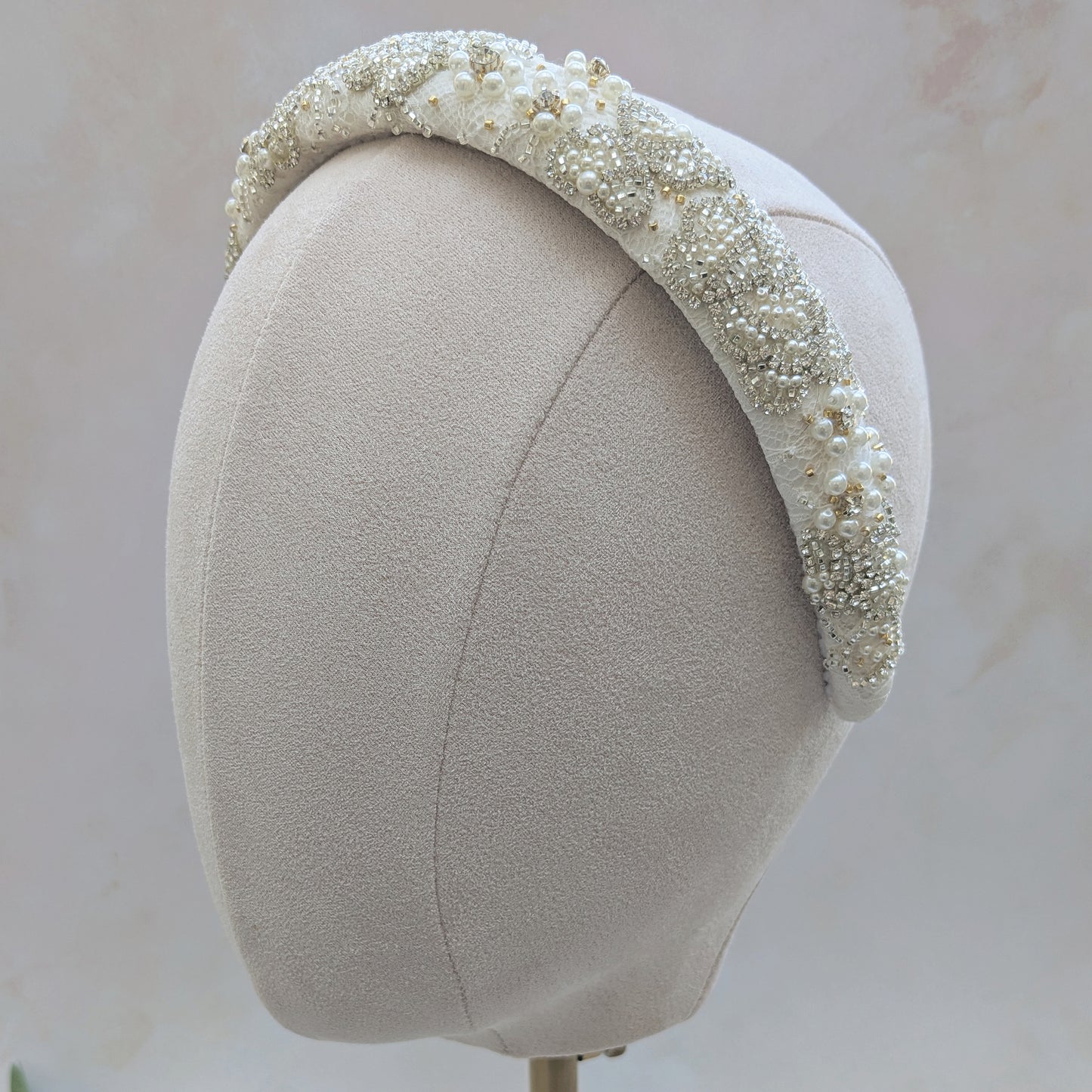 Statement pearl & crystal beaded  floral lace headband for brides designed & handmade by Susie Warner.