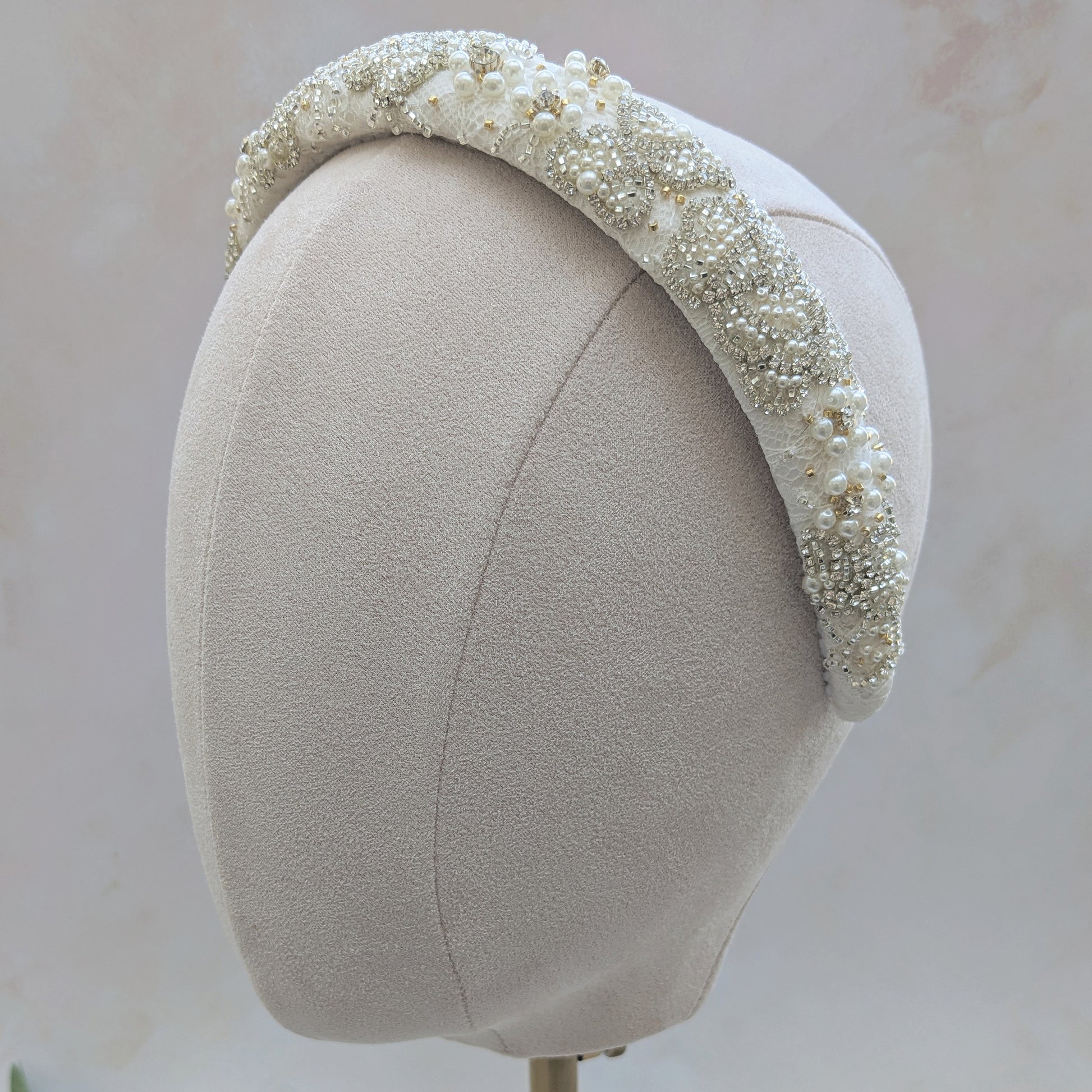 Statement pearl & crystal beaded  floral lace headband for brides designed & handmade by Susie Warner.