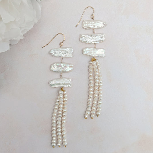 Statement Biwa pearl tassel drop earrings for brides designed & handmade by Susie Warner.
