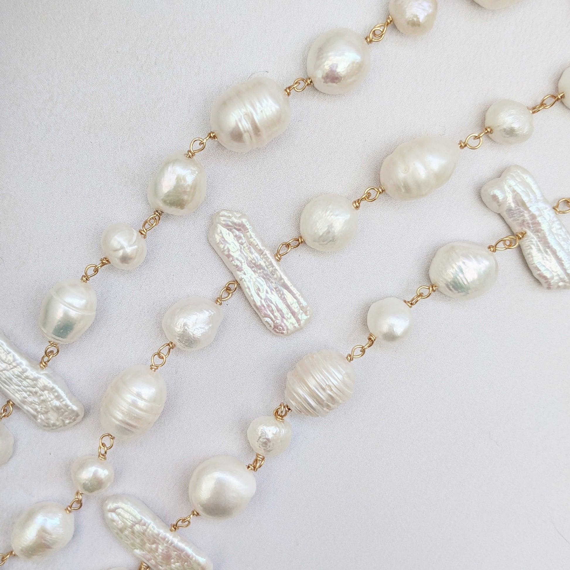 Detail of statement pearl layered necklace for brides designed & handmade by Susie Warner.