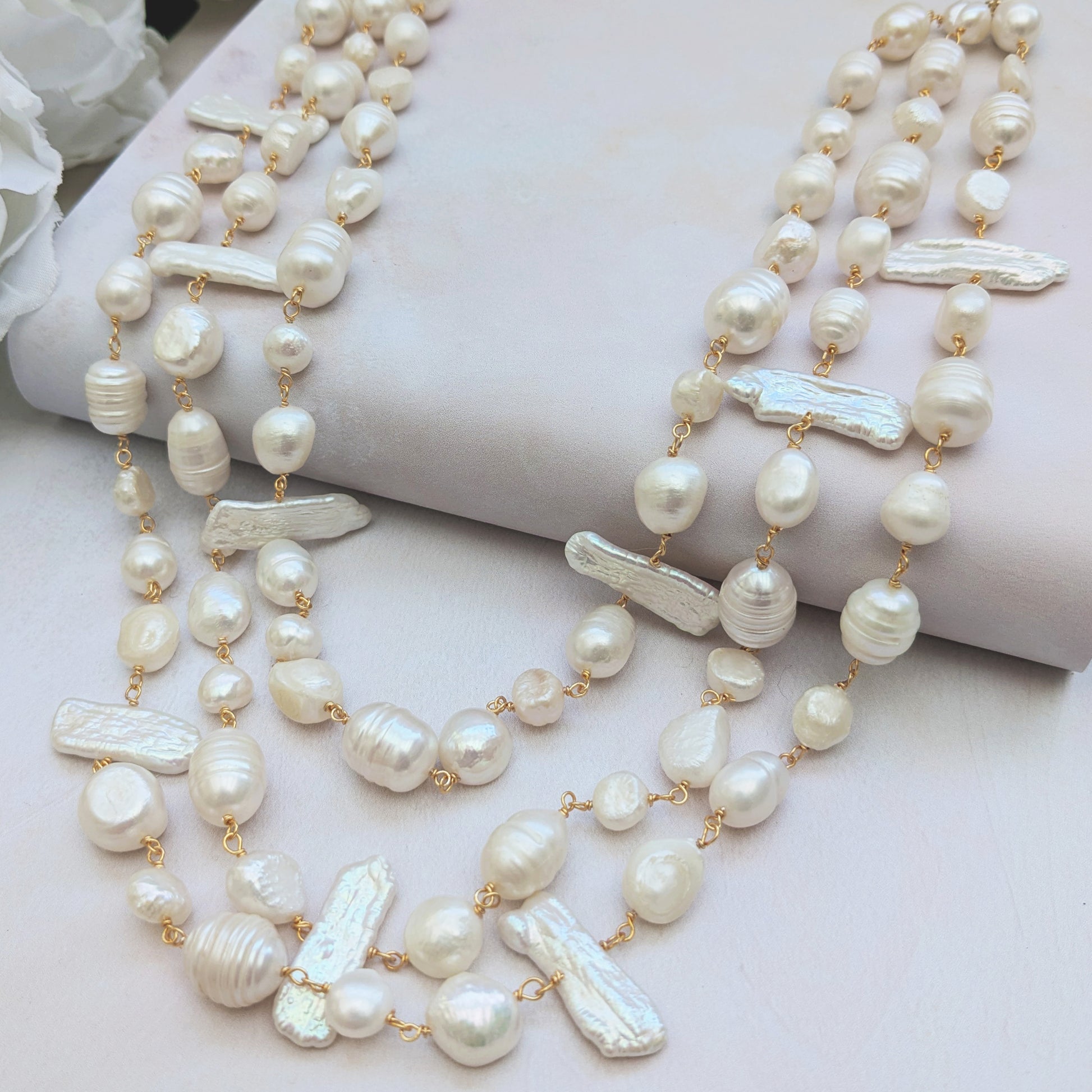 Statement pearl three strand linked necklace for brides designed & handmade by Susie Warner.