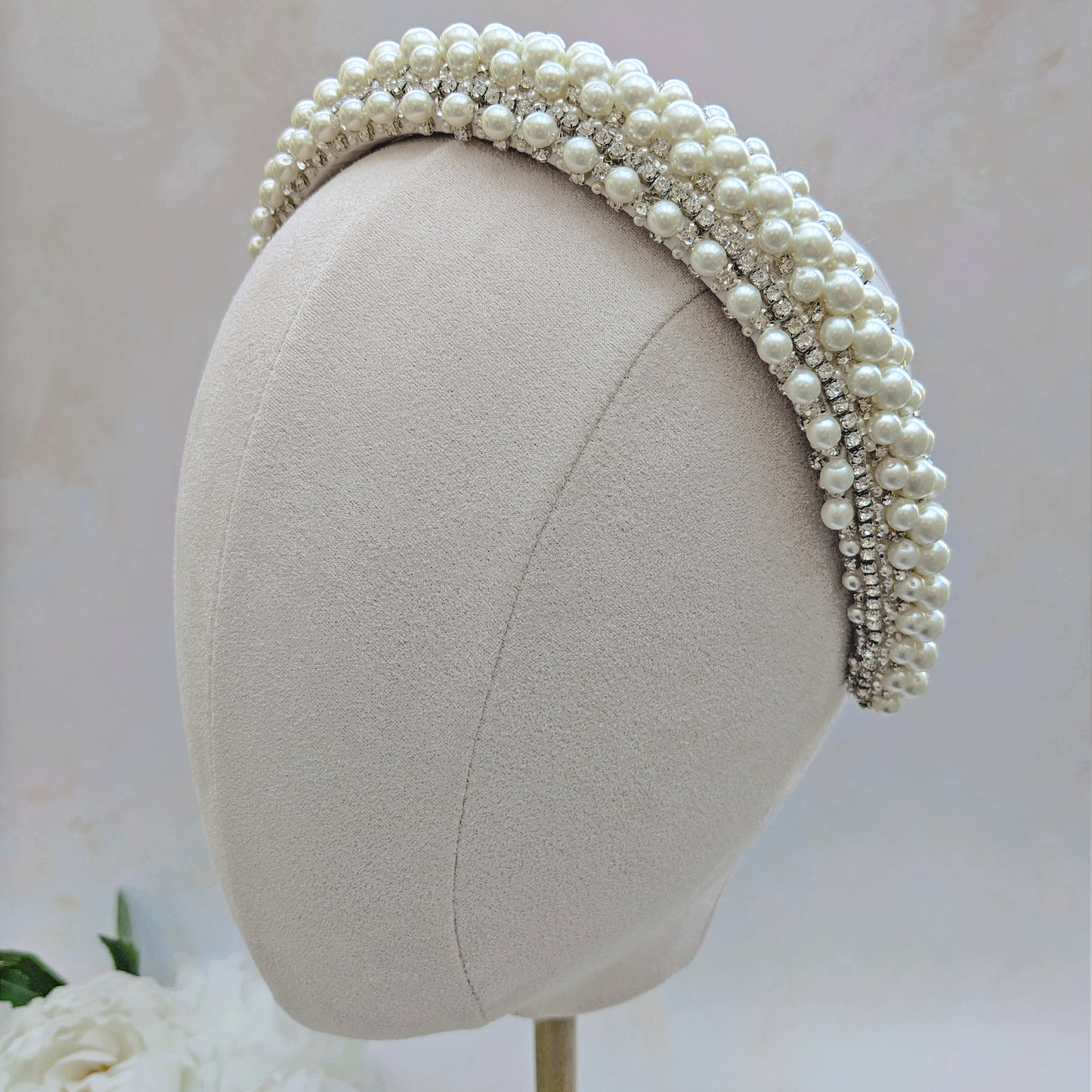 Statement pearl beaded 1920s Art Deco inspired padded headband for brides designed & handmade by Susie Warner.
