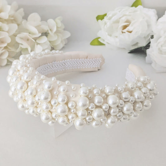 Statement pearl bridal headband designed & handmade by Susie Warner.