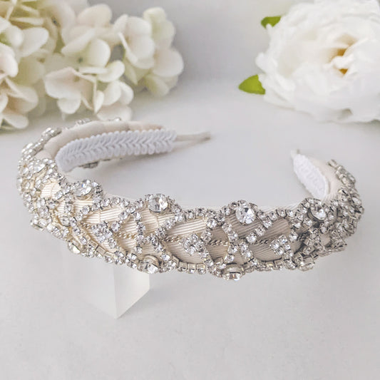 Statement modern crystal padded headband for brides designed & handmade by Susie Warner.