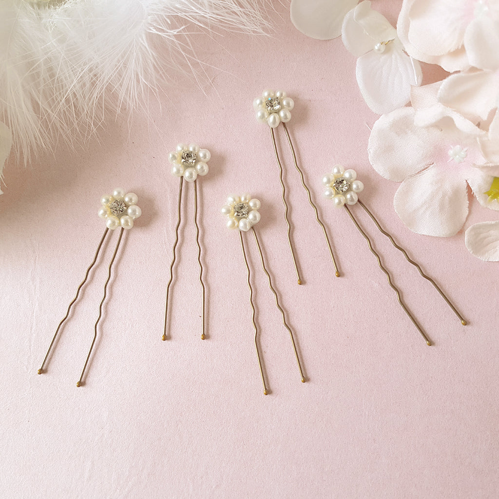 Daisy Freshwater Pearl & Crystal Flower Hair Pins