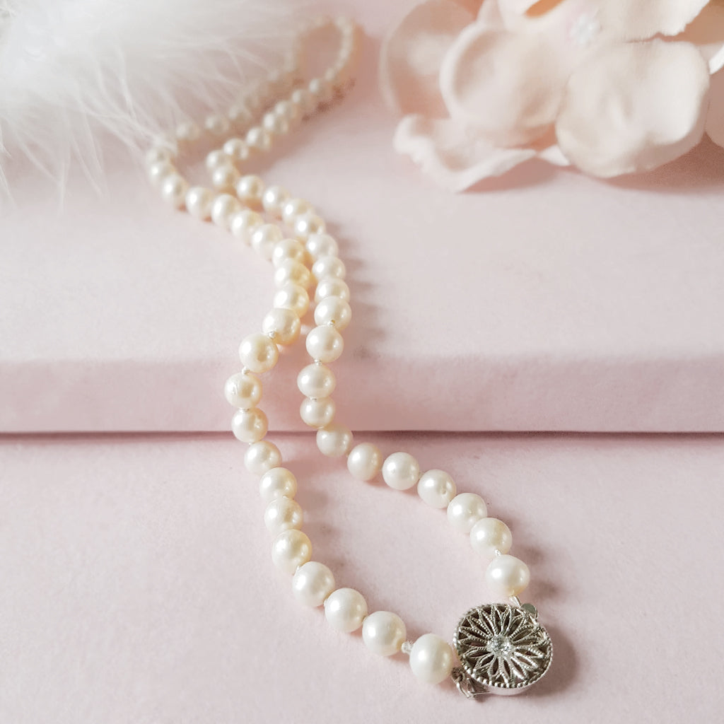 Pearl bridal necklace with decorative Silver & CZ clasp designed & handmade by Susie Warner