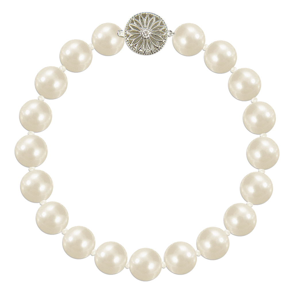 Statement pearl bracelet with silver & CZ filigree clasp designed & handmade by Susie Warner.