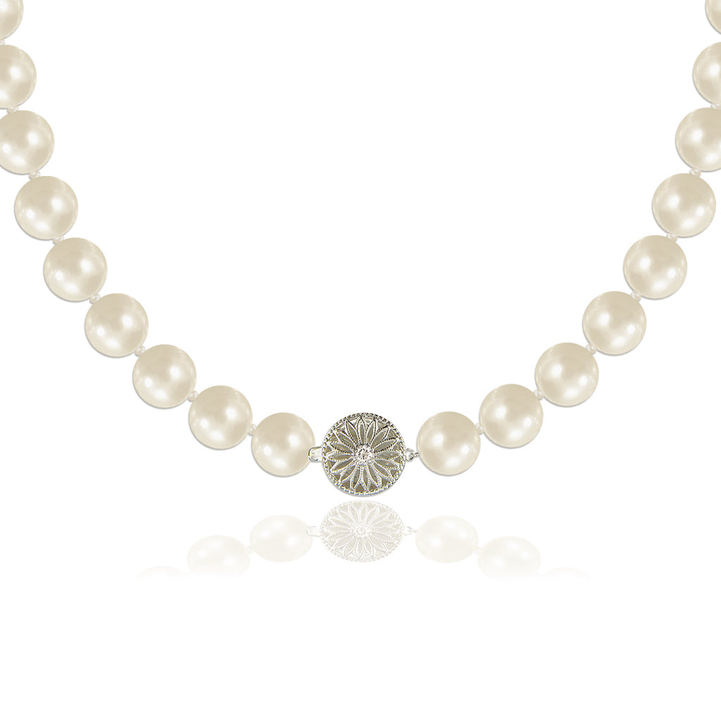 Statement pearl necklace with silver & cz filigree clasp for brides designed & handmade by Susie Warner.