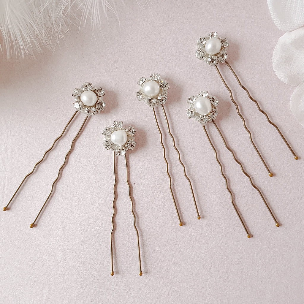 Milly Crystal & Freshwater Pearl Flower Hair Pins