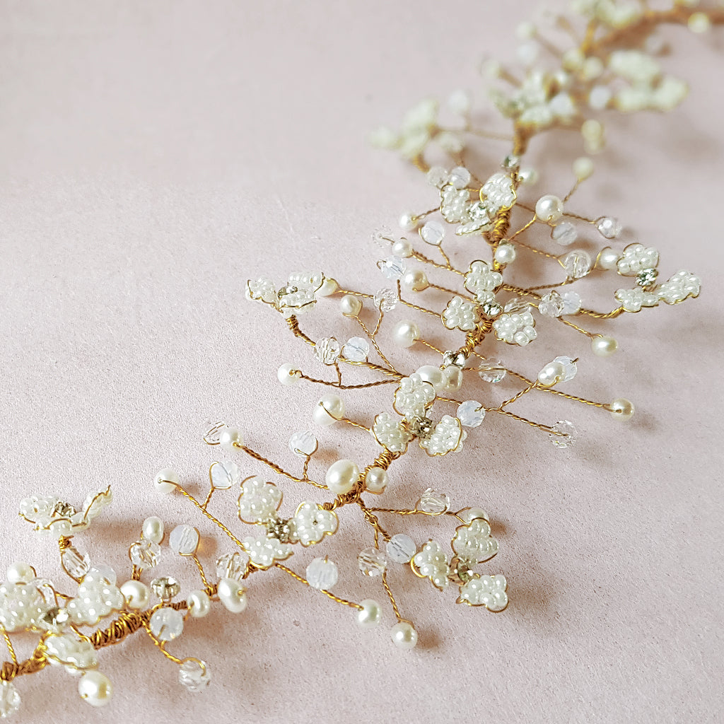 Modern nature inspired floral bridal hair vine for weddings designed & handmade by susie warner.