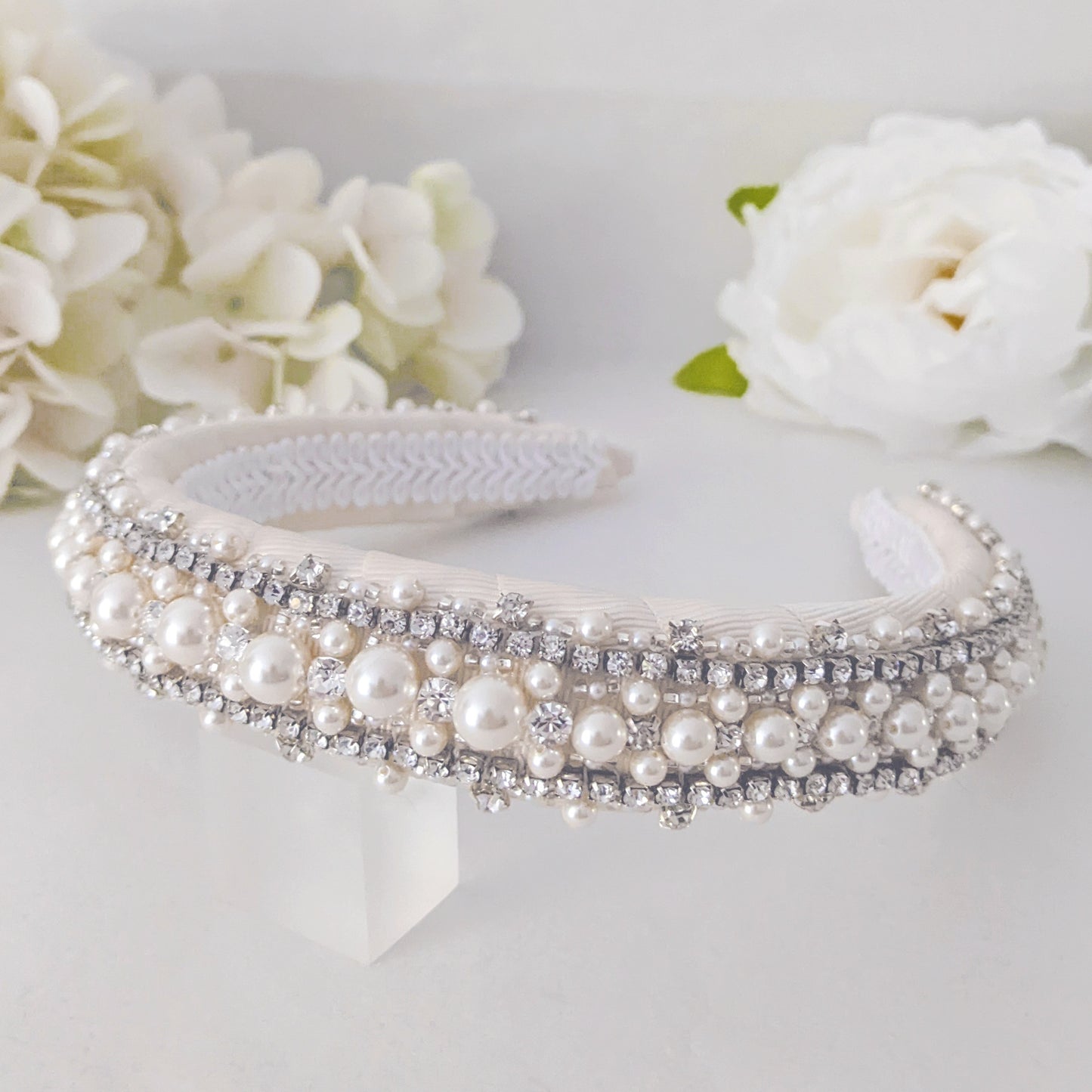 Statement vintage pearl & crystal padded headband for brides designed & handmade by susie warner.